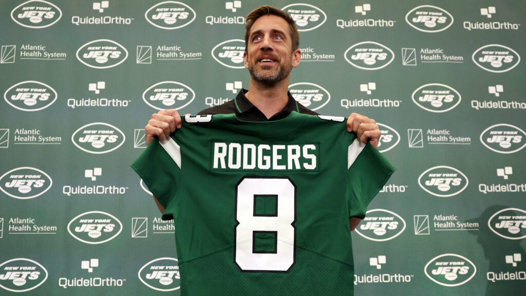 Aaron Rodgers with Jets Jersey