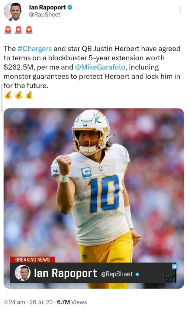 Justin Herbert becomes the highest-paid quarter in the NFL.