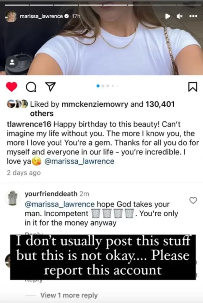Trevor Lawrence wife Marissa shared a screenshot of a hateful comment on her Instagram story